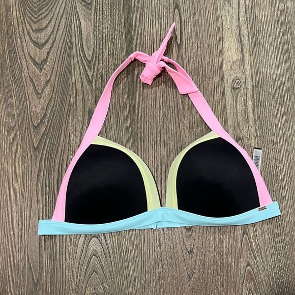 NWOT PINK Victoria’s Secret Padded Triangle Bikini Top Colorblock Black Size XXL - Picture 1 of 4